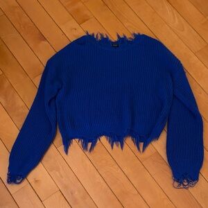 SHEIN Blue Distressed Crew Neck Sweater